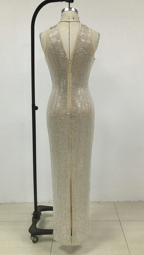 RHINESTONE MESH HALTER NECK MAXI DRESS