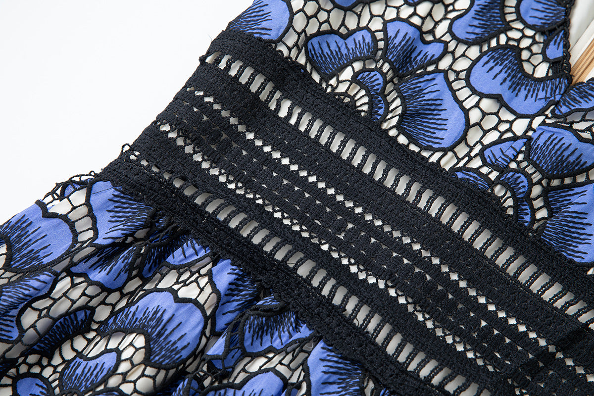 BLUE FLYING SLEEVES HIGH WAIST SLIM FIT FLORAL LACE DRESS