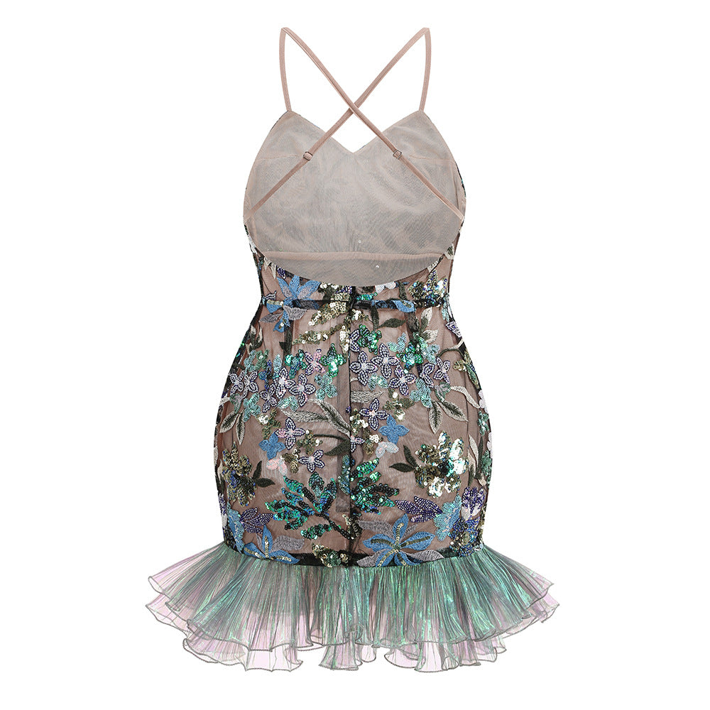 AIIZIE GREEN FLORAL EMBROIDERY STRAP MESH-PANELLED MINI DRESS - product image