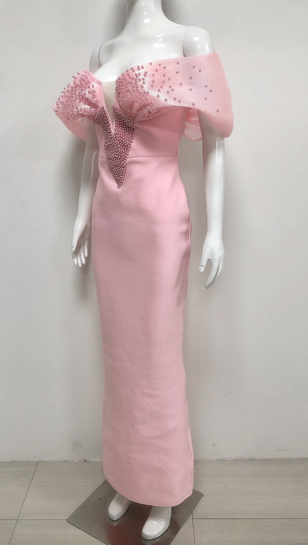 AIIZIE PINK OFF SHOULDER BEADED BANDAGE MAXI DRESS - product image