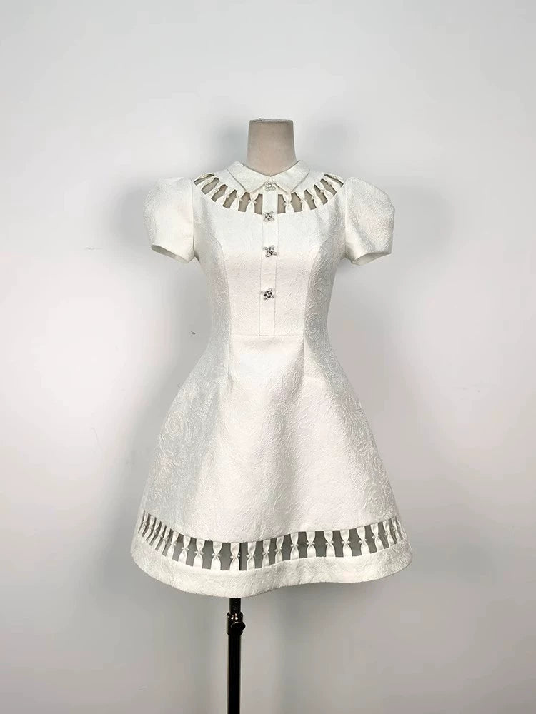 AIIZIE EARTHA WHITE PUFFY HOLLOW BROCADE MINI DRESS - product image