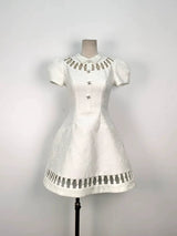 EARTHA WHITE PUFFY HOLLOW BROCADE MINI DRESS