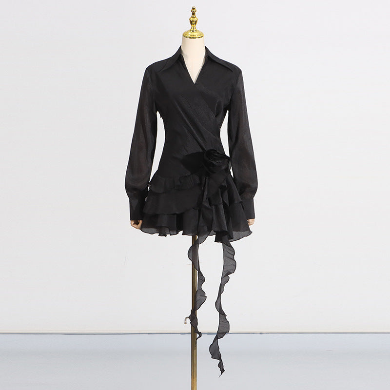 FLOWER RUFFLE RIBBON MINI DRESS IN BLACK