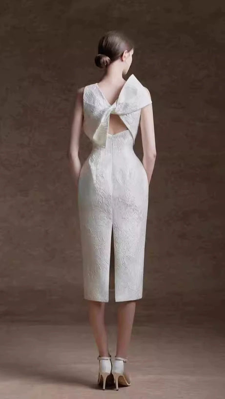 ALEXANDRA PEGGED BACK SLIT BROCADE MIDI DRESS IN WHITE