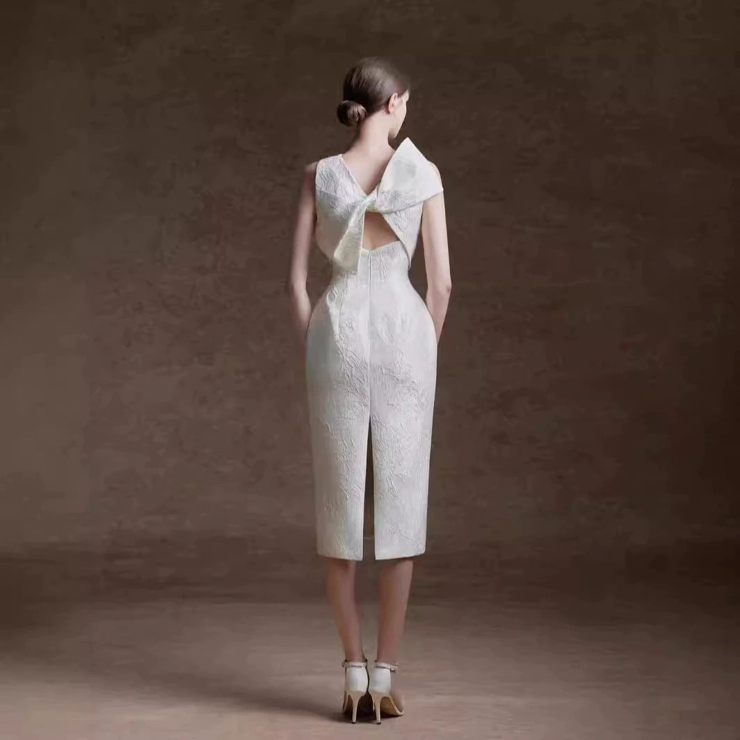 AIIZIE ALEXANDRA PEGGED BACK SLIT BROCADE MIDI DRESS IN WHITE - product image