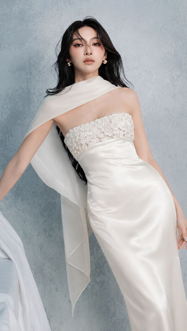 sylvia rhinestone embellish strapless satin maxi dress  - white