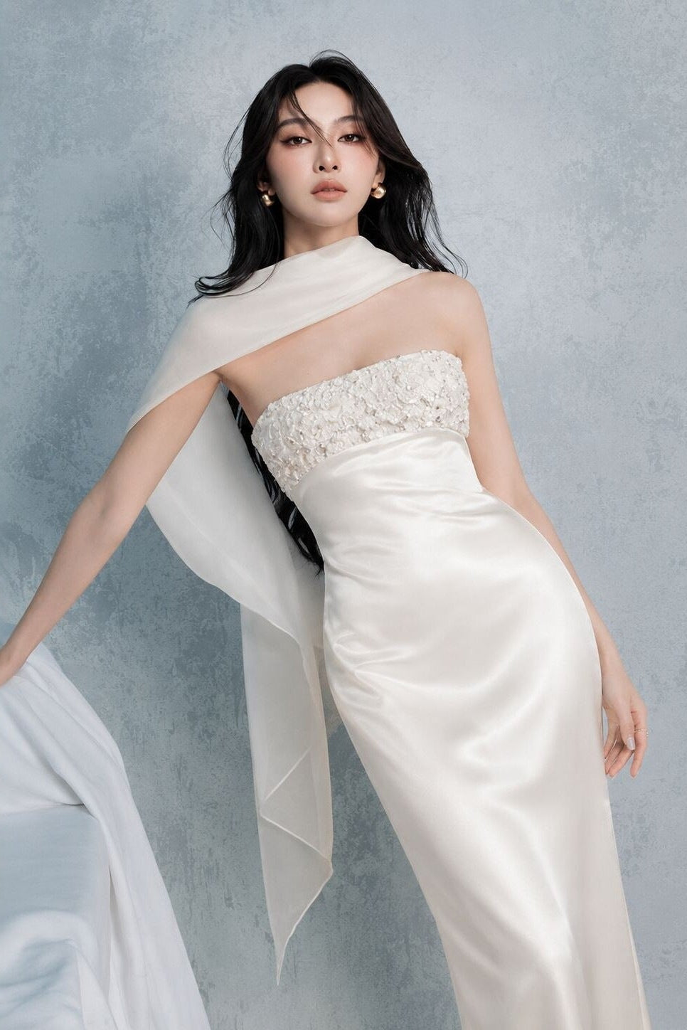 sylvia rhinestone embellish strapless satin maxi dress  - white