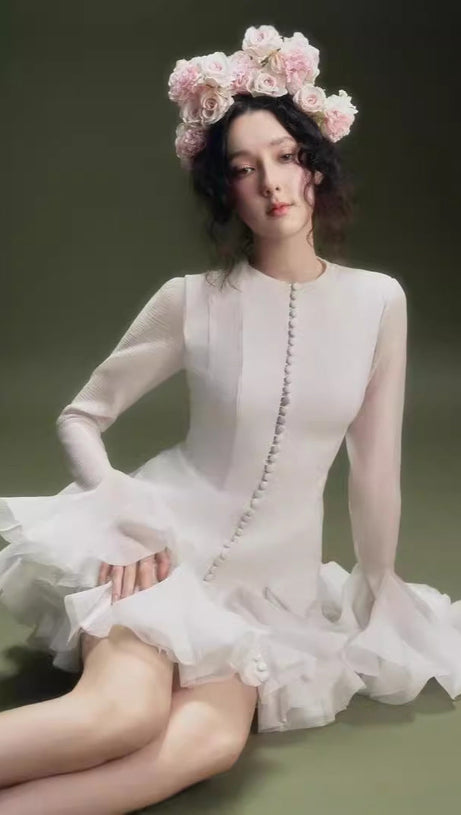 AGATHA WHITE SEMI-SHEER FLARED MINI DRESS