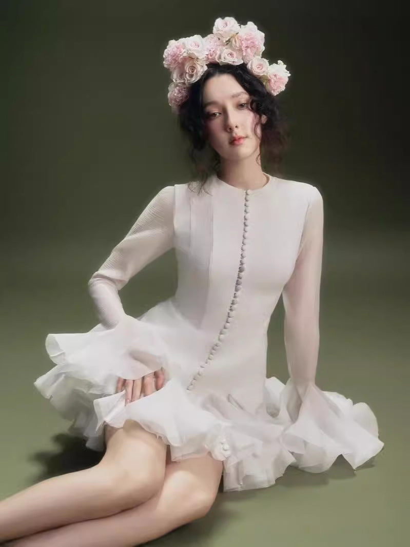 AIIZIE AGATHA WHITE SEMI-SHEER FLARED MINI DRESS - product image