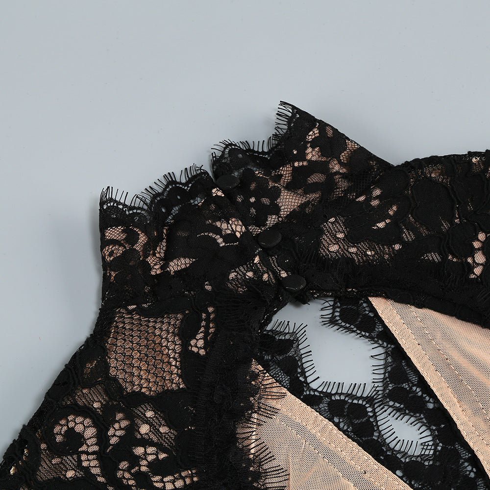 AIIZIE V-NECK LONG-SLEEVED LACE SHEER MAXI DRESS BLACK - product image