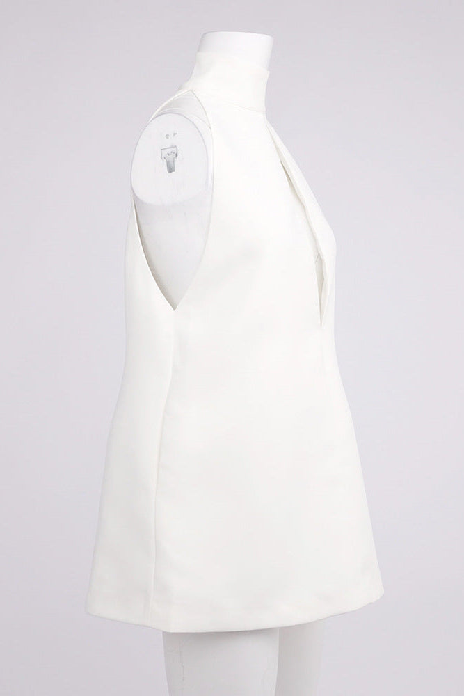AIIZIE V-NECK CUTOUT BACKLESS CREPE HALTER DRESS - WHITE - product image
