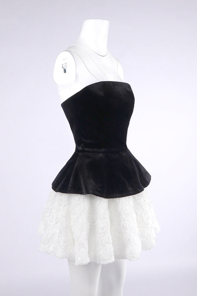 AIIZIE PETAL-LAYERED VELVET TOP MINI SKIRT SUIT WITHOUT GLOVE - BLACK/WHITE - product image