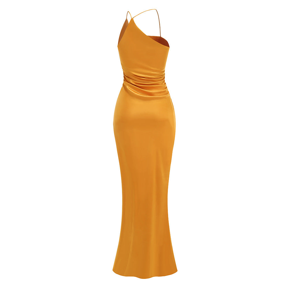 AIIZIE ORANGE SATIN ASYMMETRIC NECKLINE RUCHED MAXI DRESS - product image