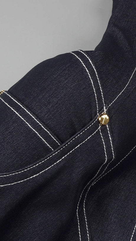 ABITO MIDI CON CORSETTO E HALT IN DENIM BLU NAVY