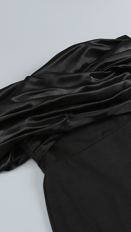 SOPHIA OFF SHOULDER RUCHED MAXI SLIT DRESS IN BLACK