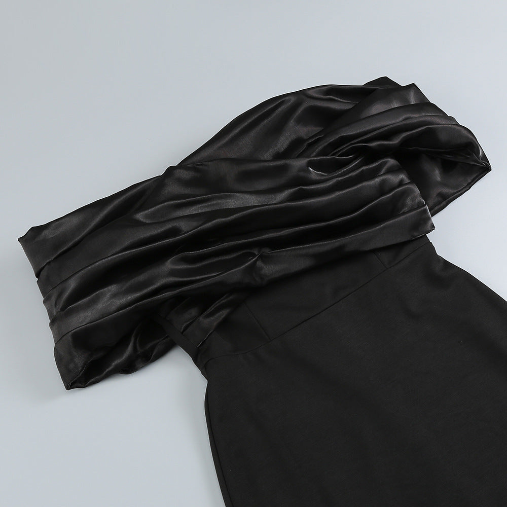 SOPHIA OFF SHOULDER RUCHED MAXI SLIT DRESS IN BLACK