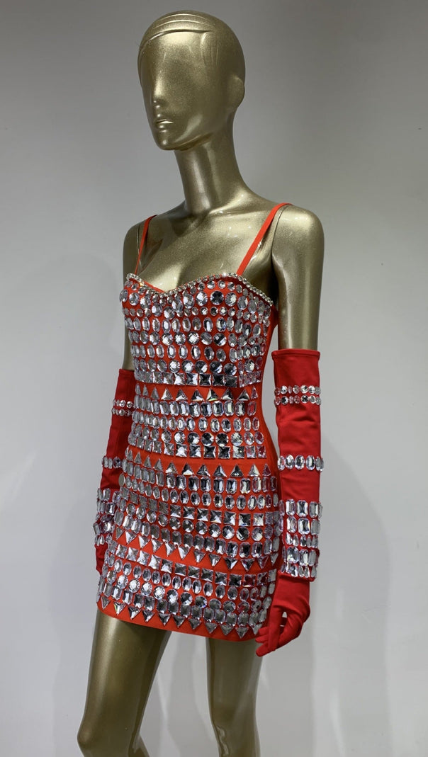 AIIZIE CRYSTAL EMBELLISHED BANDAGE DRESS WITH GLOVES IN RED - product image