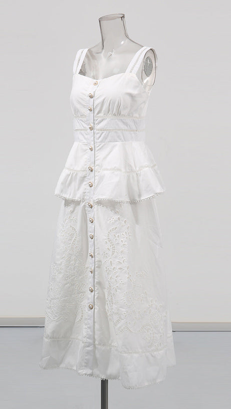 PEPLUM HOLLOW MIDI DRESS IN BEIGE