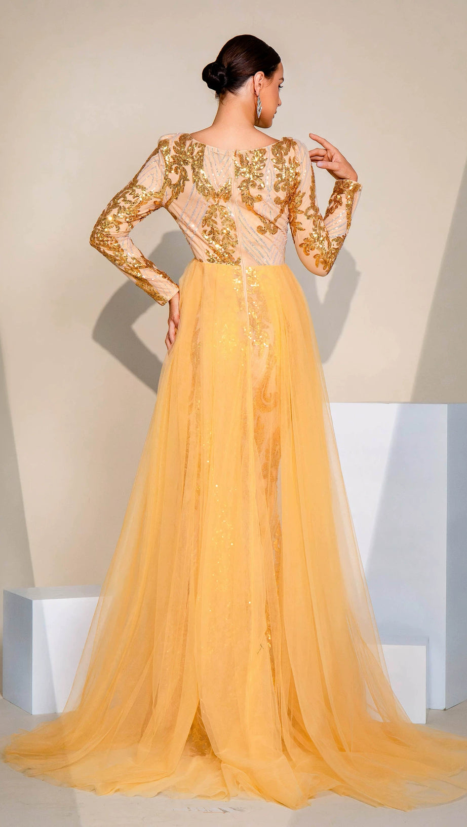 LONG SLEEVE SPLIT GOLD SEQUIN MAXI DRESS