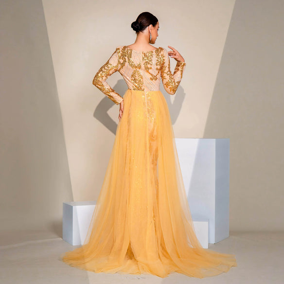 LONG SLEEVE SPLIT GOLD SEQUIN MAXI DRESS