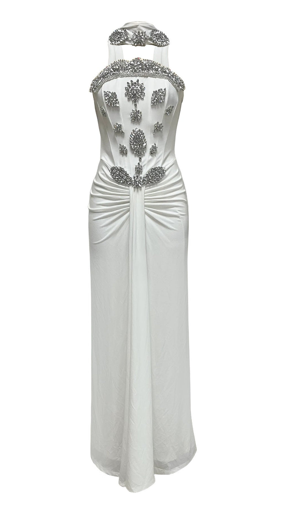 White Strapless Corset Evening Gown with Cape