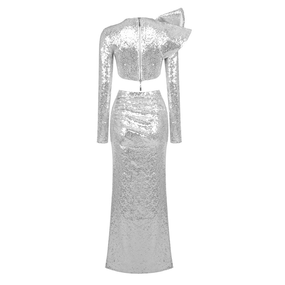 AIIZIE CROP TOP DRAPE SKIRT SET IN SILVER - product image
