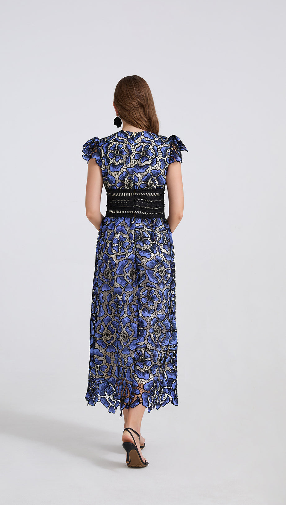 BLUE FLYING SLEEVES HIGH WAIST SLIM FIT FLORAL LACE DRESS