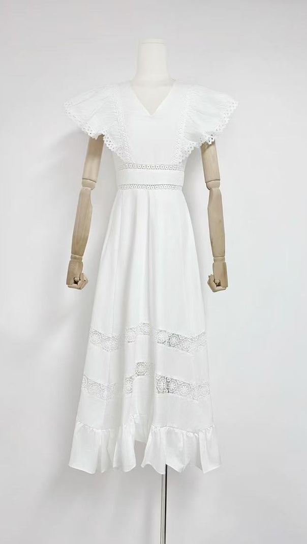 AIIZIE WHITE FLYING - SLEEVE LACE - PANELED MIDI DRESS - product image