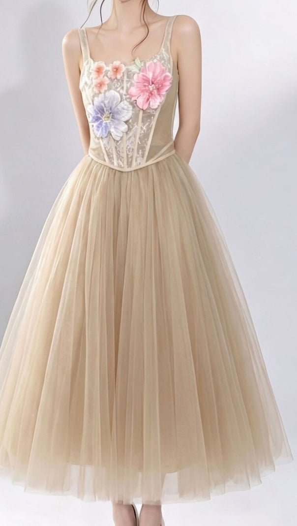 3D floral camisole top & tulle skirt set -  champagne