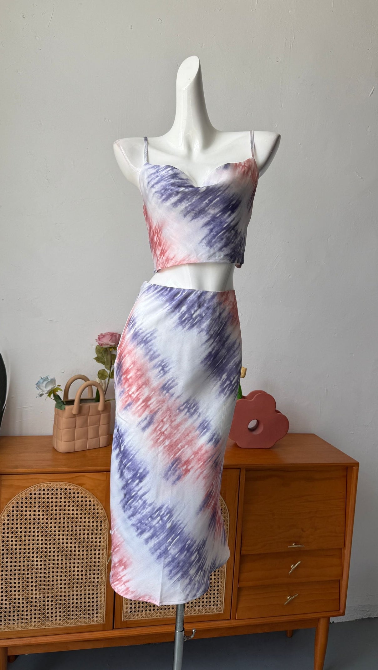 AIIZIE PINK PURPLE TIE-DYE CROPPED CAMISOLE & SLIP SKIRT - product image