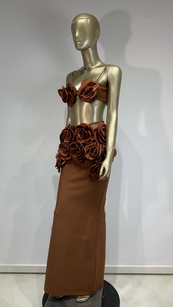 AIIZIE BROWN FLOWERED TOP AND LONG MIDI SKIRT SET - product image
