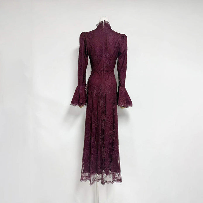 Victoria Lantern-Sleeve Lace-Trim Maxi Dress in Burgundy