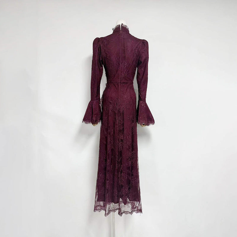 victoria Long lantern sleevelace-trim maxi dress - burgundy
