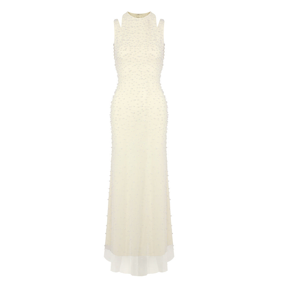 AIIZIE Pearl-Tassel Off-Shoulder Fishtail Maxi Dress in Butter Yellow - product image