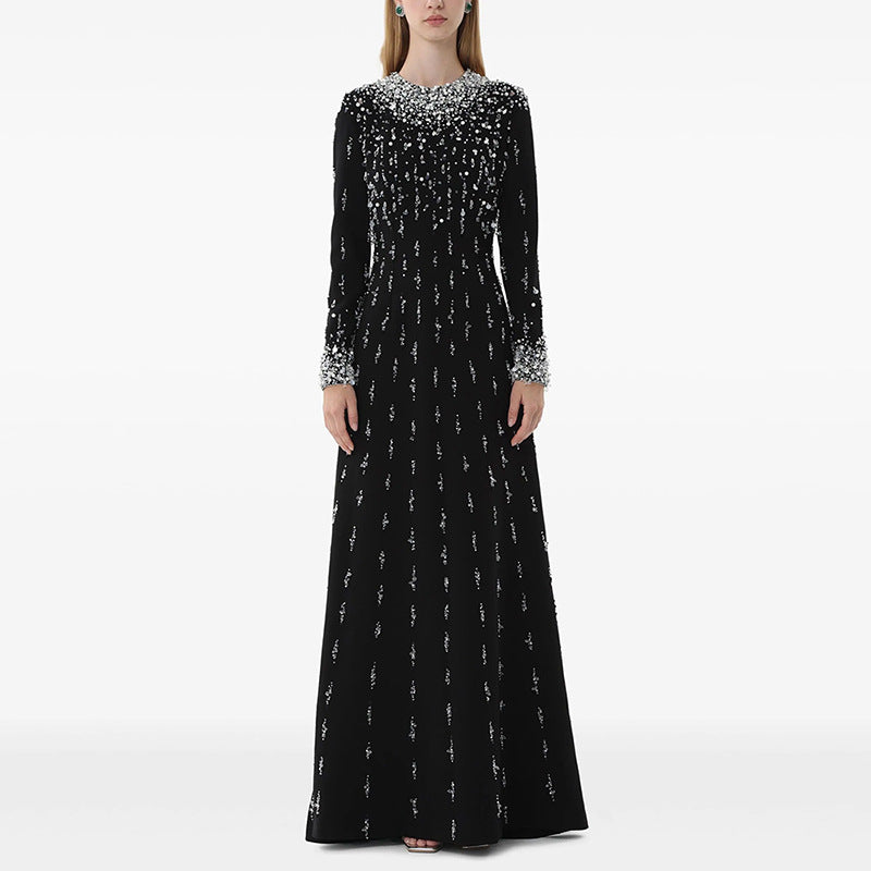 Ivory Beaded Maxi Dress Long Sleeve Rose Gold Gown