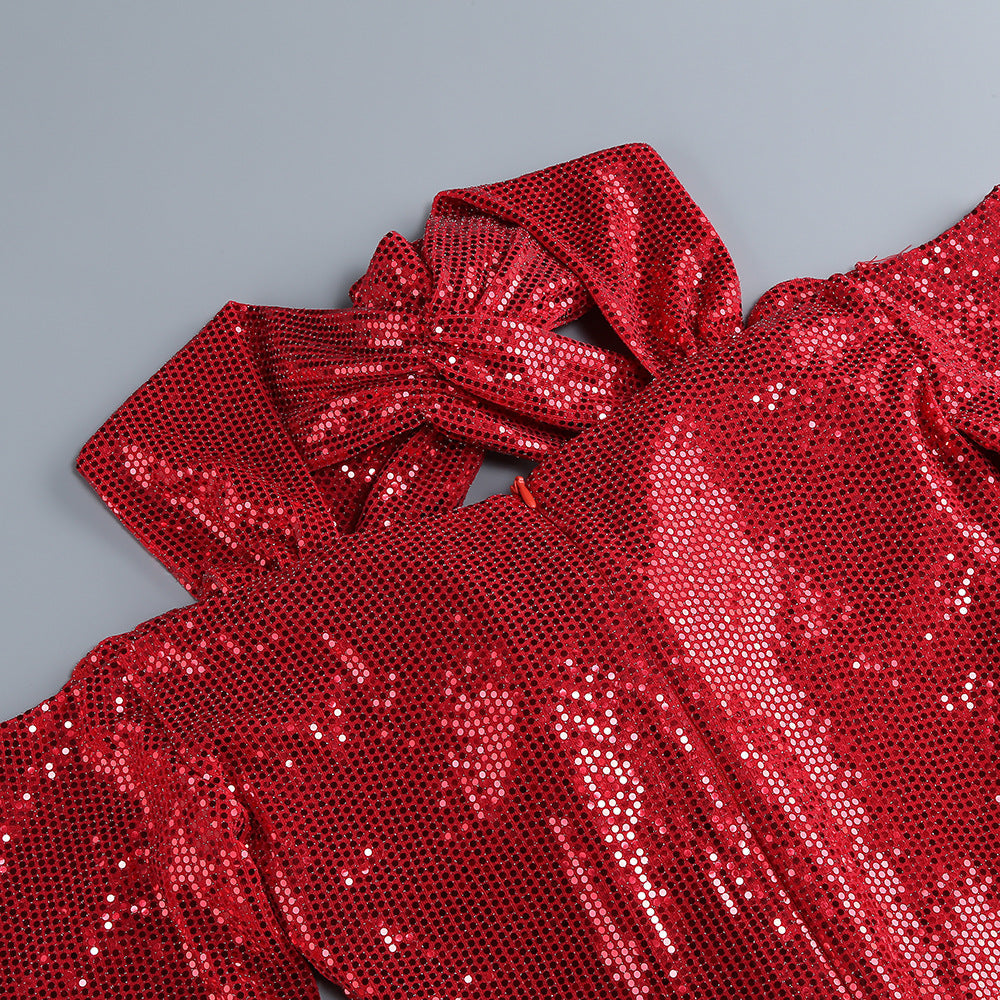 AIIZIE FLOWER EMBELLISHED CUTOUT SEQUIN MAXI DRESS IN RED - product image