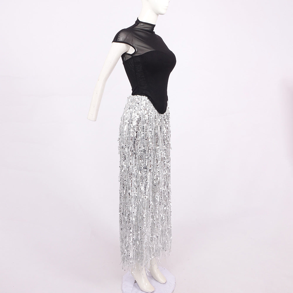 AIIZIE TASSEL SEQUIN BLACK CORSET MAXI DRESS - product image