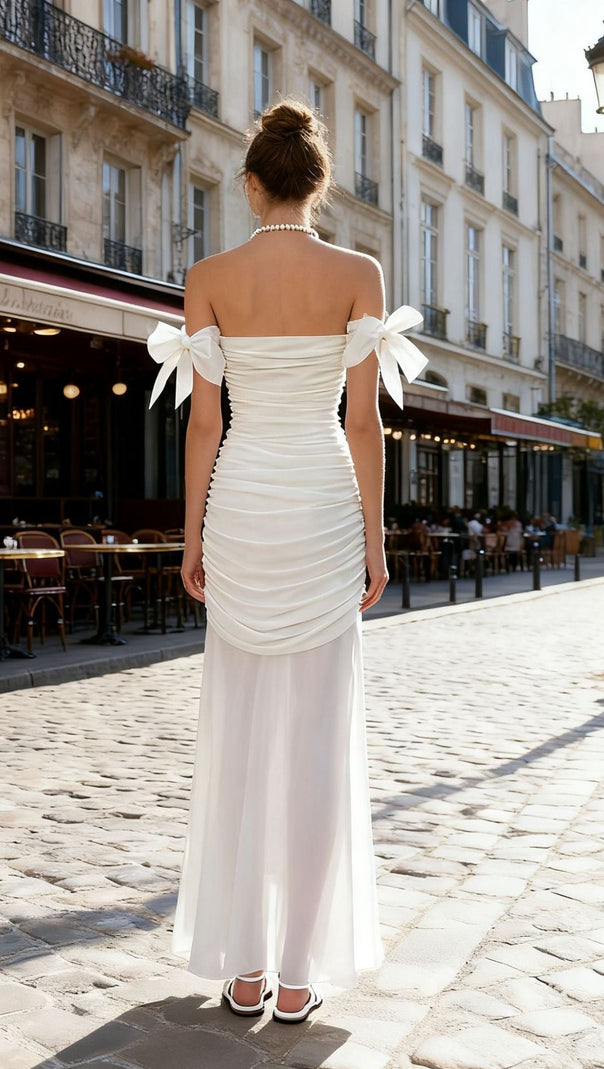 AIIZIE INES WHITE CUTOUT BOW MAXI DRESS: OFF-SHOULDER ELEGANCE FOR UNFORGETTABLE MOMENTS - product image