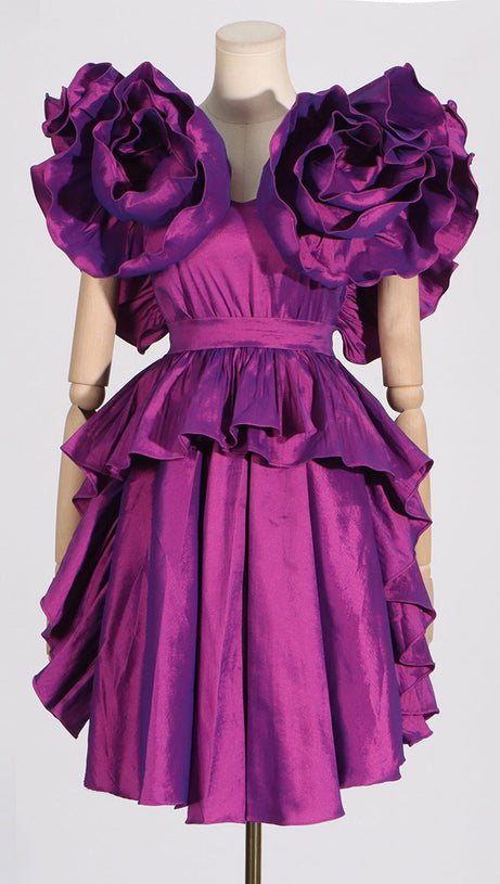 RUFFLES SATIN MINI DRESS IN PURPLE