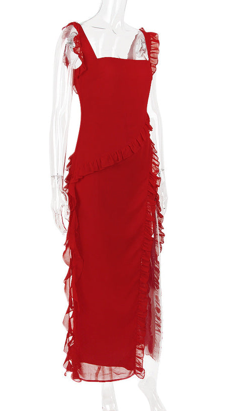 RUFFLE MAXI DRESS IN CHERRY
