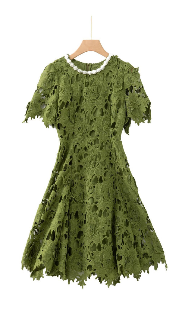 sylvia green Beaded hollow crochet mini dress