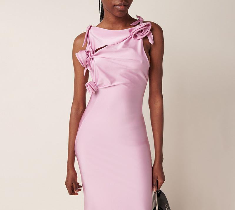 3D FLOWER ASYMMETRIC SATIN SLIT GOWN IN PINK