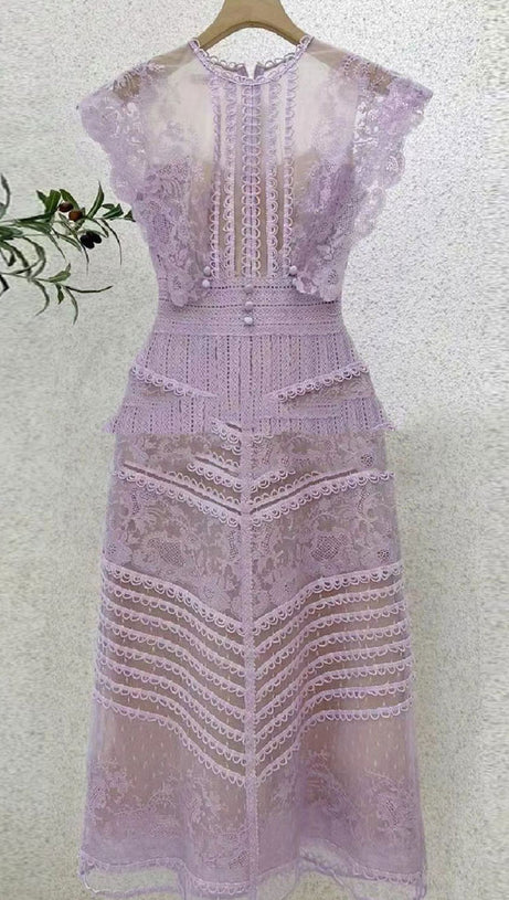 A-LINE SLEEVELESS LACE TEMPERAMENT EMBROIDERED COURT MIDI DRESS