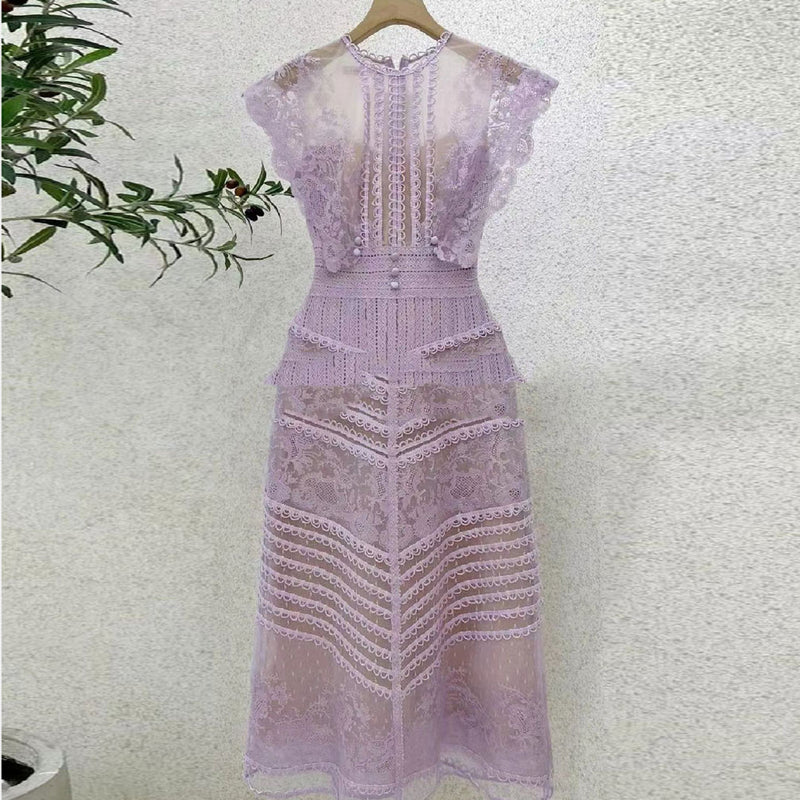 A-line sleeveless lace temperament embroidered court midi dress
