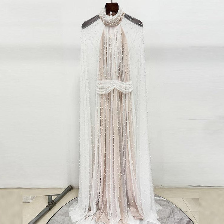 white Nail Bead Mesh maxi Dress