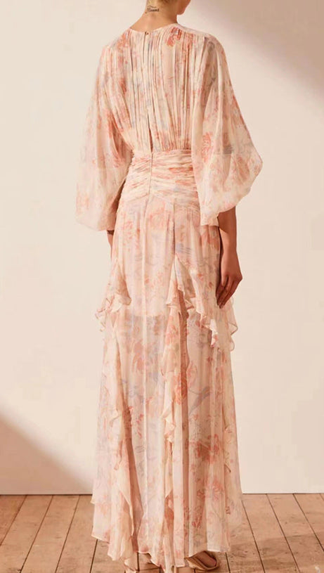 PUFF LONG SLEEVE TIERED RUFFLE HEM MAXI DRESS IN PINK