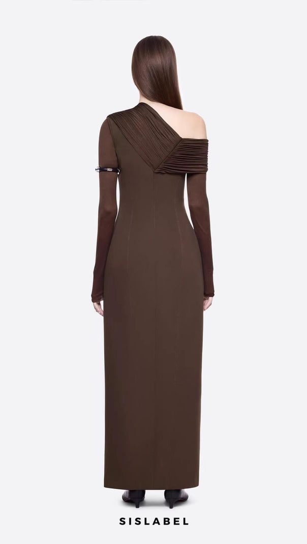 maud One-shoulder pleated high-slit maxi dress - brown