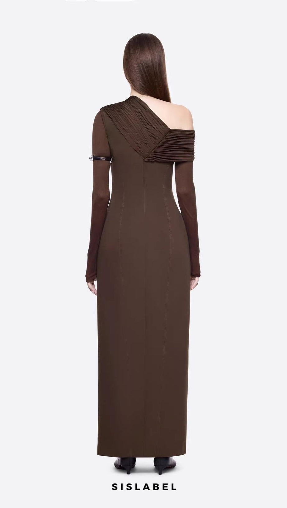 maud One-shoulder pleated high-slit maxi dress - brown