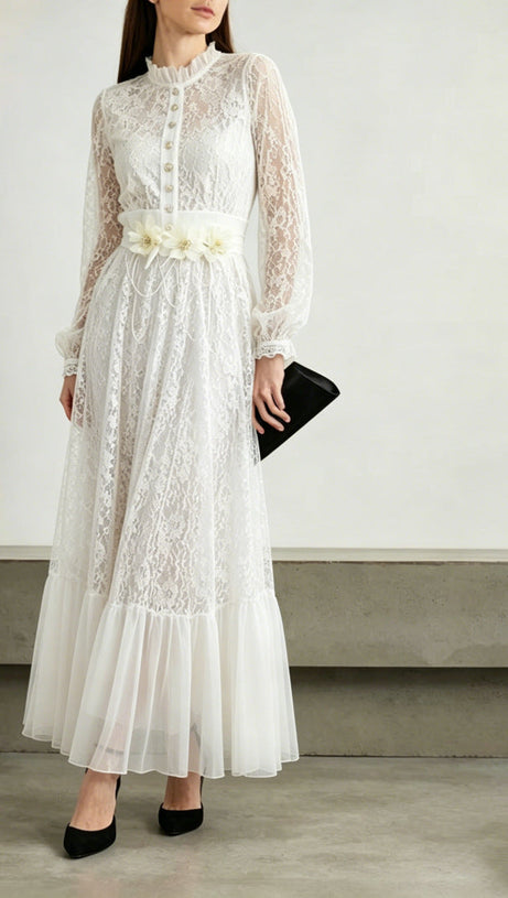 deborah 3D floral tulle lace maxi dress in white