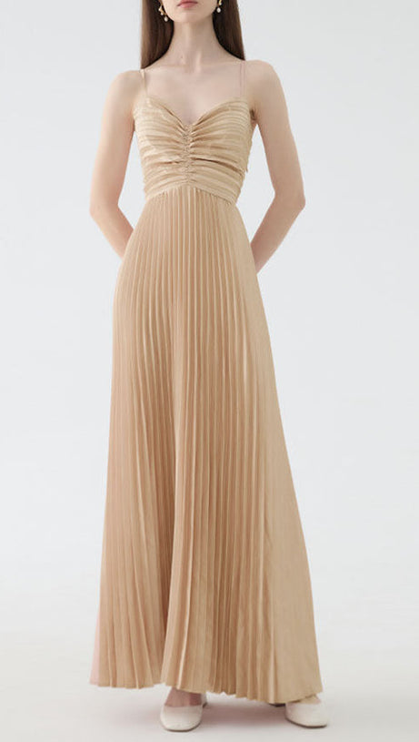deborah pleated slip maxi dress in apricot